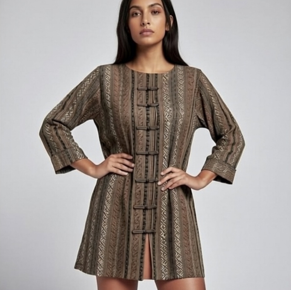 Pride & Joy Women's Tribal Print Ethnic Tunic Shirt Black Tan and Cream Size 12